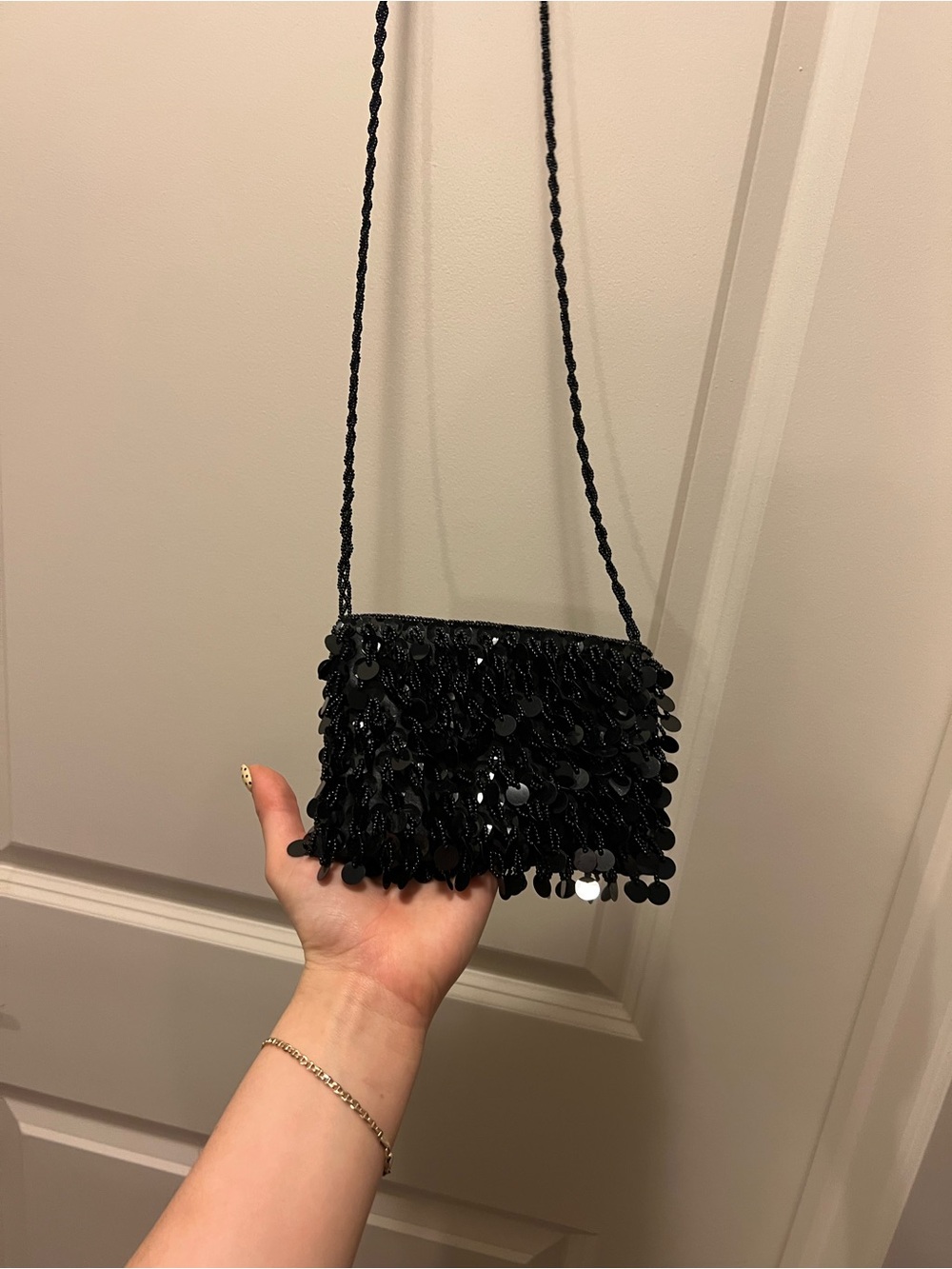 Black Beaded Sequin Fringe Crossbody Bag - Women
